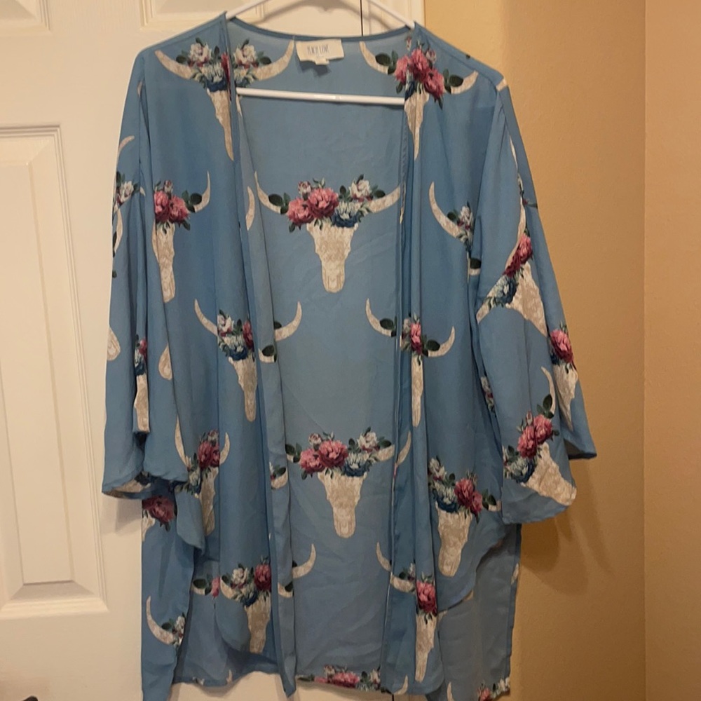 Bull Skull with Flower Print Kimono Duster